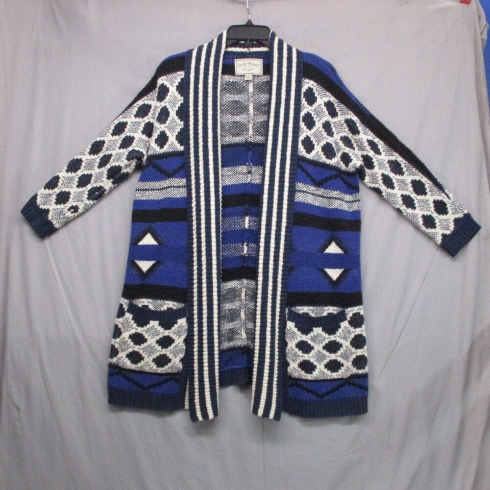 Lucky Brand Tribal BOHO Chunky Knit Cardigan Pockets Blue/Black Women Size  XS/S